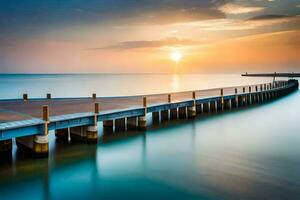 a long exposure photo of a pier at sunset. AI-Generated