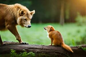 a dog and a wolf standing on a log. AI-Generated photo