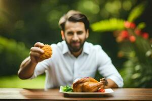 un hombre es participación un pollo en frente de un plato de alimento. generado por ai foto