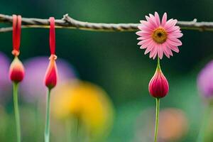 a pink flower is hanging from a branch. AI-Generated photo