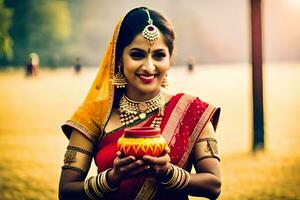 un mujer en tradicional indio atuendo participación un maceta. generado por ai foto