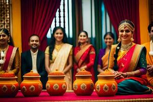 a beautiful bride and groom sitting in front of a table with pots. AI-Generated photo