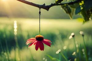 a red flower hanging from a tree branch. AI-Generated photo