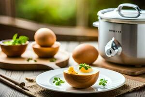 eggs on a plate with a pot and a pan. AI-Generated photo