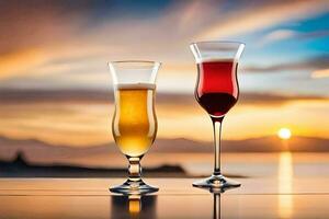 dos lentes de vino y cerveza en un mesa con un puesta de sol en el antecedentes. generado por ai foto