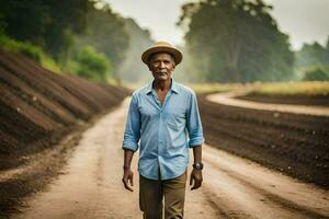 a man in a hat walks down a dirt road. AI-Generated photo