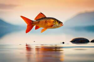 a fish is flying over water at sunset. AI-Generated photo