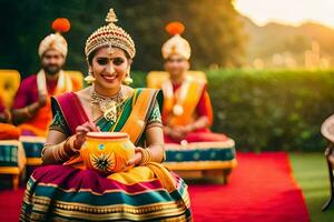 indian bride in traditional attire holding a pot. AI-Generated photo