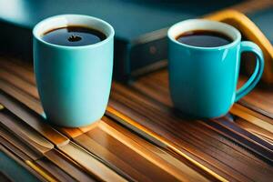 dos tazas de café en un de madera mesa. generado por ai foto