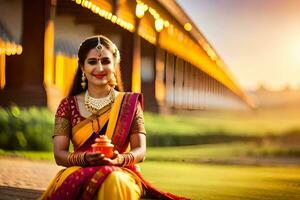 a woman in traditional sari sitting on the ground with a red pot. AI-Generated photo