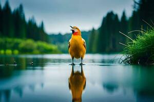 un amarillo pájaro en pie en el borde de un lago. generado por ai foto