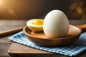 an egg on a wooden plate with a knife. AI-Generated photo