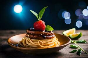 spaghetti with berries and mint on a wooden table. AI-Generated photo