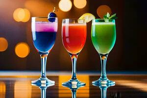 three different colored drinks in glasses on a table. AI-Generated photo