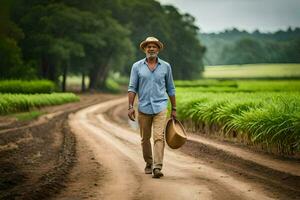 un hombre caminando abajo un suciedad la carretera en un campo. generado por ai foto