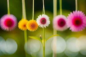 vistoso flores colgando desde instrumentos de cuerda en un campo. generado por ai foto