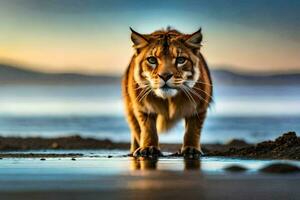 a tiger walking along the beach at sunset. AI-Generated photo