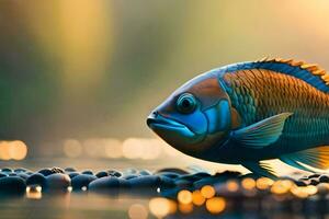 un pescado con azul y naranja colores es caminando en el agua. generado por ai foto