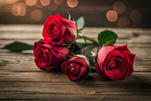 red roses on a wooden table. AI-Generated photo