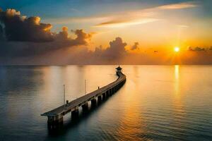 the sun sets over a pier in the ocean. AI-Generated photo