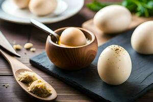 eggs on a wooden table with a spoon and a bowl. AI-Generated photo