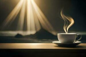 a cup of coffee on a table with a sun shining through the window. AI-Generated photo