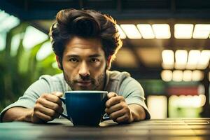 un hombre es participación un taza de café. generado por ai foto