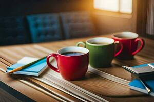 three coffee cups on a table with a notebook and pen. AI-Generated photo