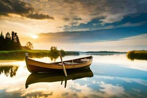 un barco es flotante en el agua a puesta de sol. generado por ai foto