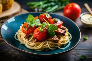 spaghetti with tomatoes and meat on a wooden table. AI-Generated photo