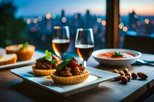 un mesa con comida y vino lentes en él. generado por ai foto