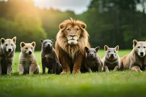 un león y su cachorros en el césped. generado por ai foto