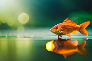 a fish is standing on the water with its reflection. AI-Generated photo