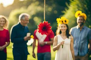 a group of people standing in a field with sunflowers. AI-Generated photo