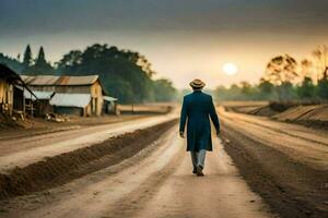 a man in a blue suit walks down a dirt road. AI-Generated photo