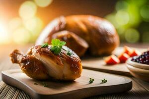 a chicken on a cutting board with cranberries and parsley. AI-Generated photo