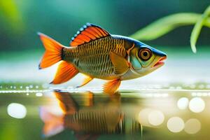 a fish is standing in the water with its reflection. AI-Generated photo