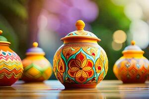 colorful pottery on a table with a blurred background. AI-Generated photo