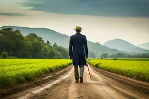 a man in a suit and hat walking down a dirt road. AI-Generated photo