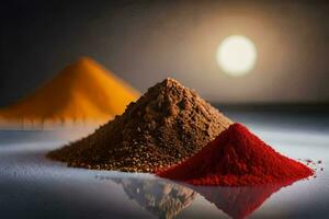 three different colored powders on a table. AI-Generated photo
