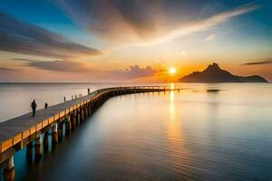 a long pier with a mountain in the background. AI-Generated photo