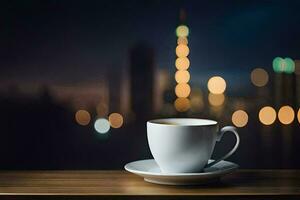 un taza de café en un de madera mesa en frente de un paisaje urbano generado por ai foto