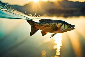 un pescado nadando en el agua a puesta de sol. generado por ai foto