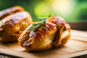 two chicken wings on a wooden cutting board. AI-Generated photo