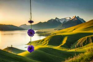 púrpura flores colgando desde un cuerda terminado un lago y montañas. generado por ai foto
