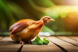 a chicken is standing on a wooden table with a leaf. AI-Generated photo