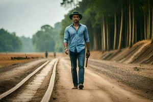 a man in a hat and blue shirt walking down a dirt road. AI-Generated photo