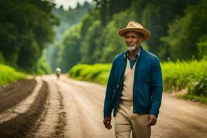 a man in a hat walks down a dirt road. AI-Generated photo