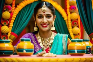 un mujer en tradicional indio atuendo sonrisas para el cámara. generado por ai foto