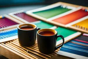 dos tazas de café y de colores lapices en un mesa. generado por ai foto